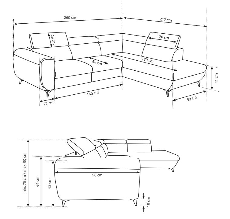 Corner Sofa Bed Mona - Dimensions Image
