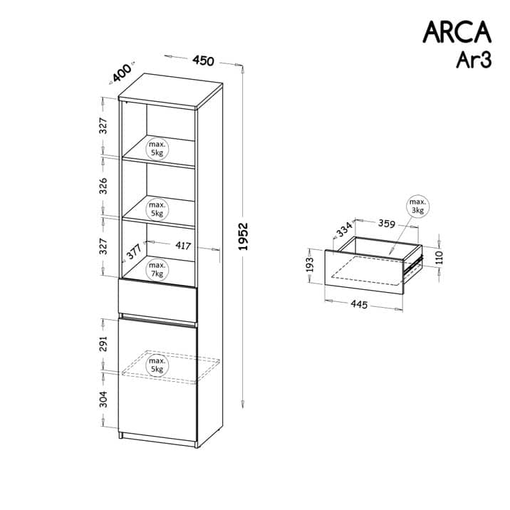 Arca AR3 Tall Cabinet 45cm - Product Dimensions