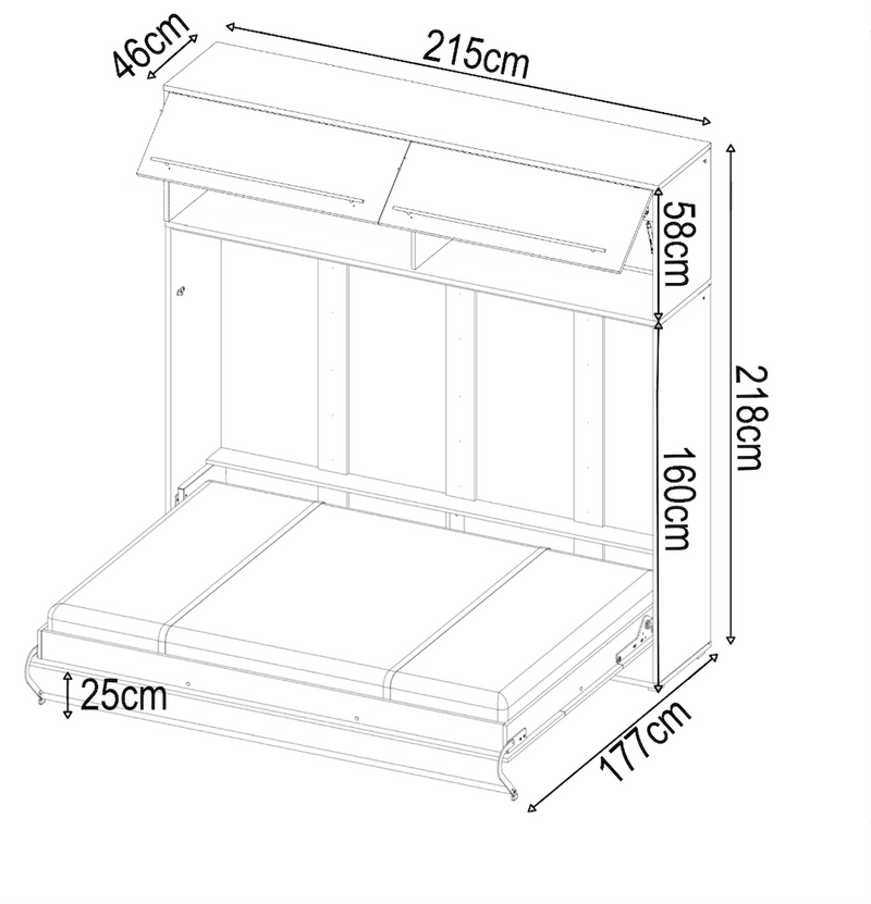 CP-04 Horizontal Wall Bed Concept Pro 140cm with Over Bed Unit - Product Dimensions