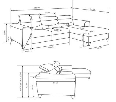 Corner Sofa Bed Riva - Dimensions Image 