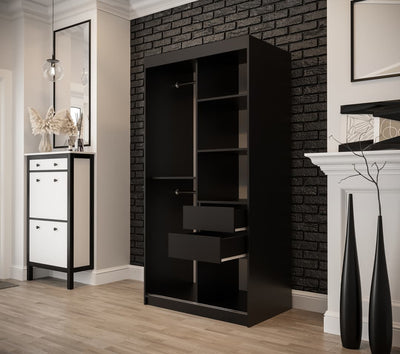 Tilburg II Sliding Door Wardrobe 100cm [Dark Oak & Black] - Optional Drawers [Purchased Separately]