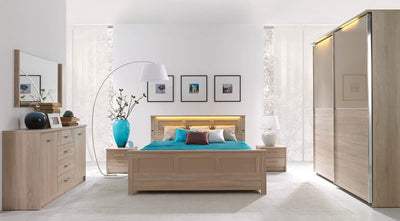 Cremona Bed with LED in 3 Sizes [Oak] - Lifestyle Image