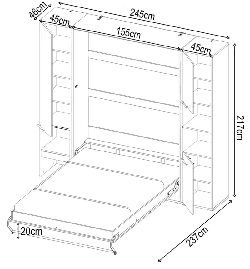 CP-01 Vertical Wall Bed Concept Pro 140cm with Storage Cabinets - Product Dimensions