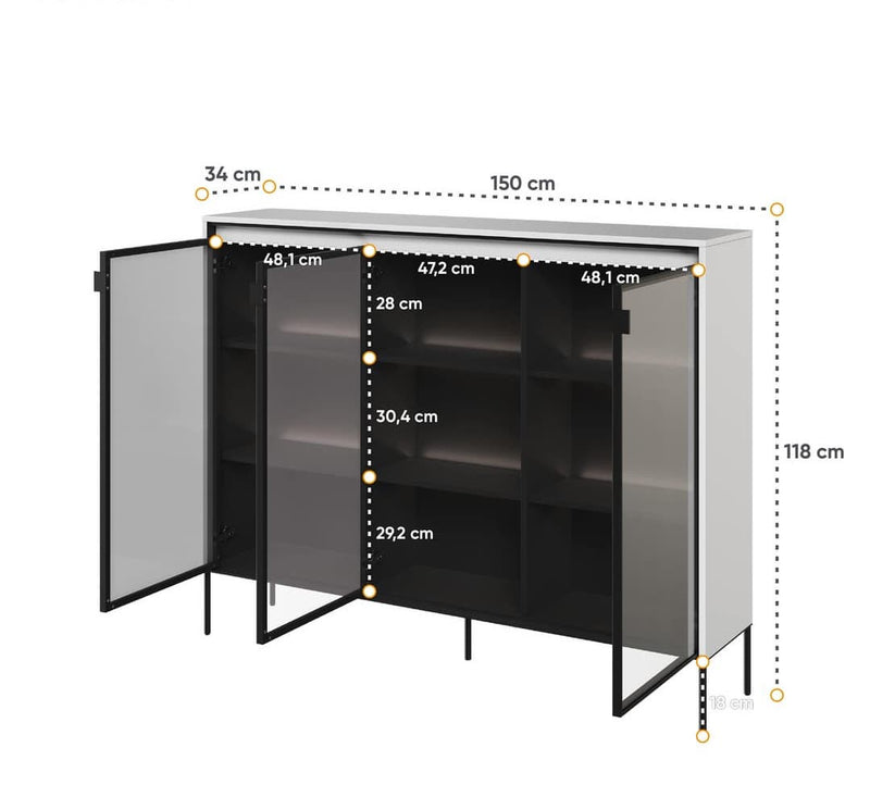 Trend TR-08 Display Cabinet 150cm [White Matt] - Product Dimensions