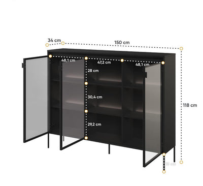 Trend TR-08 Display Cabinet 150cm [Black Matt] - Product Dimensions