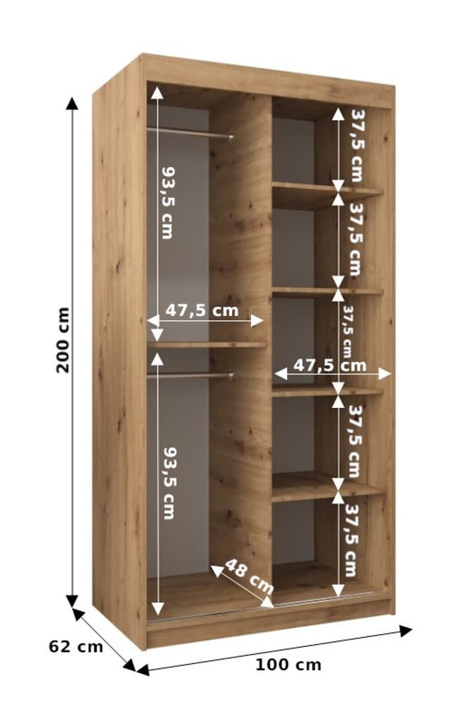 Boliwia Sliding Door Wardrobe 100cm [Oak} - Dimensions Image