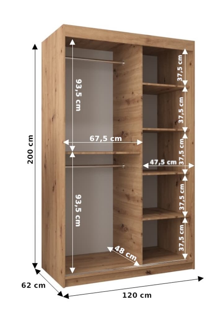 Boliwia Sliding Door Wardrobe 120cm [Oak] - Dimensions Image