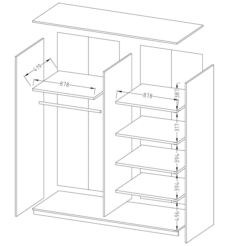 Beta Sliding Door Wardrobe [White] - Dimensions Image