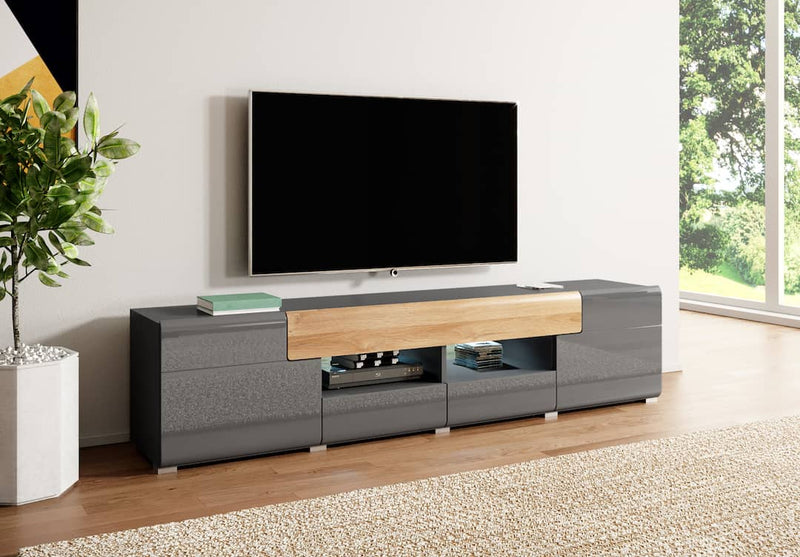 Toledo 40 TV Cabinet 208cm [Front Grey Gloss & San Remo Oak with Grey Matt Carcass] - Lifestyle Image 