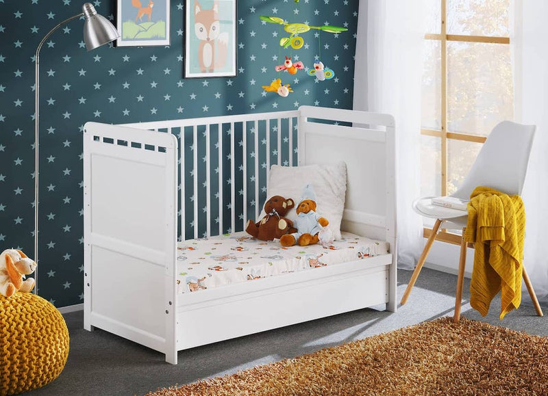 Tymek Cot Bed [White] - Removable Barrier and Optional Drawer 