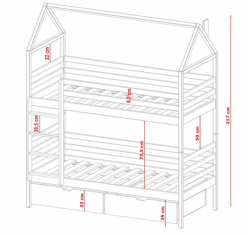 Wooden Bunk Bed Alex With Storage - Dimensions