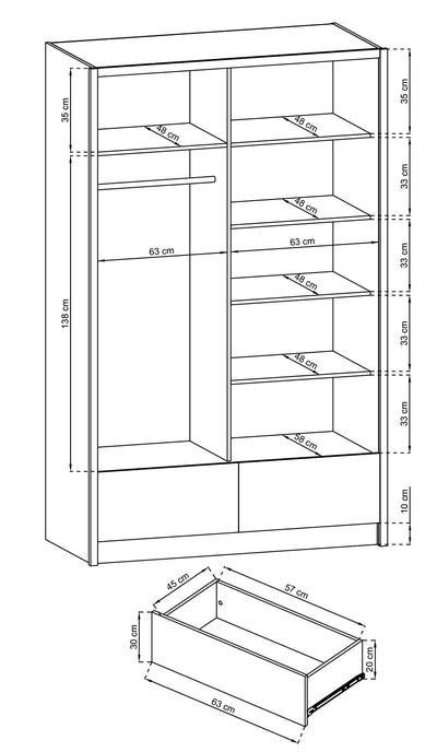 Aria II Sliding Door Wardrobe 134cm [White] - Product Dimensions