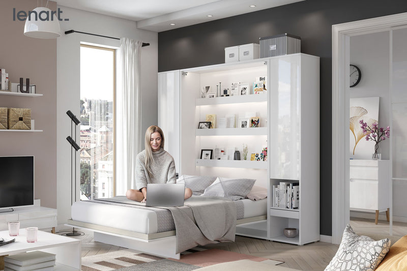 BC-13 Vertical Wall Bed Concept 180cm With Storage Cabinets and LED [White Gloss] - Lifestyle Image