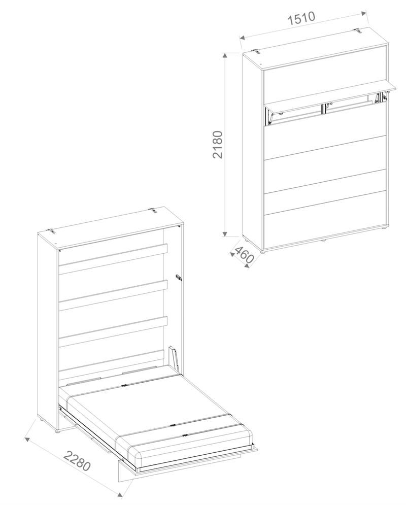 BC-01 Vertical Wall Bed Concept 140cm [White Matt] - Dimensions Image