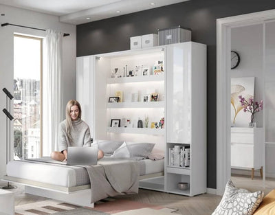 BC-01 Vertical Wall Bed Concept 140cm With Storage Cabinets and LED [White Gloss] - Lifestyle Image 