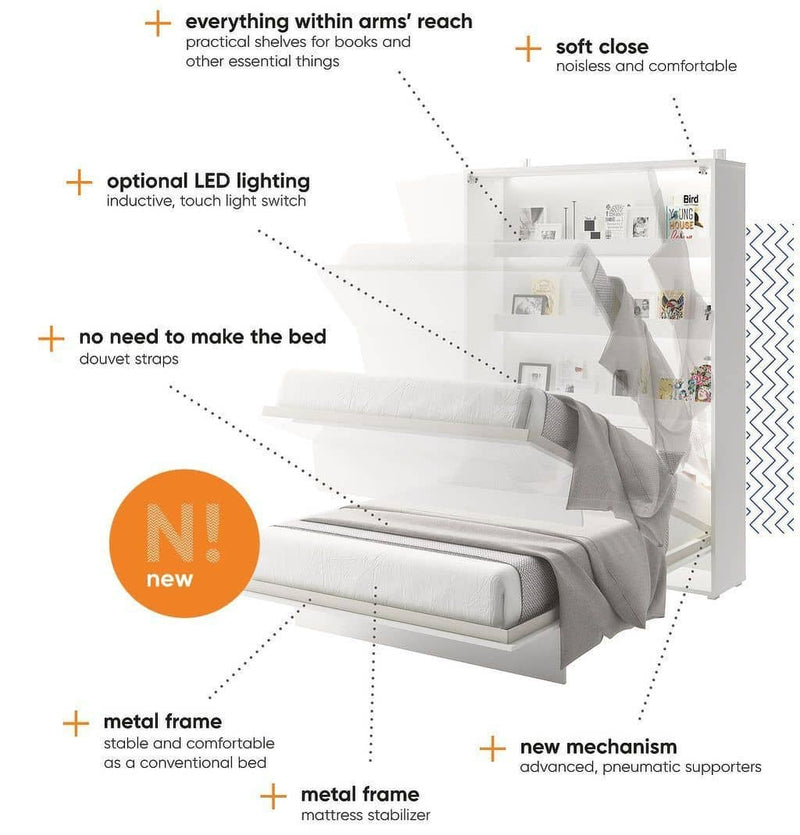 BC-02 Vertical Wall Bed Concept 120cm With Storage Cabinets and LED [White Matt] - Interior Image 2