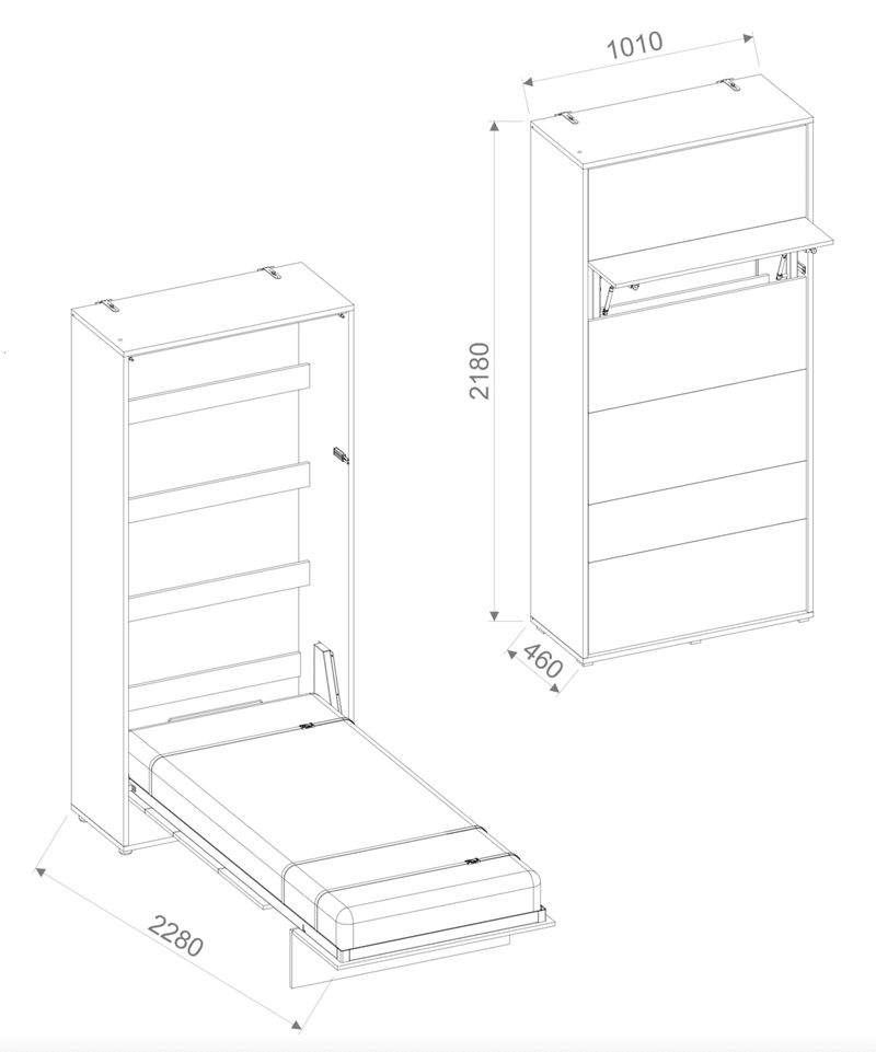BC-03 Vertical Wall Bed Concept 90cm With Storage Cabinets and LED - Dimensions Image