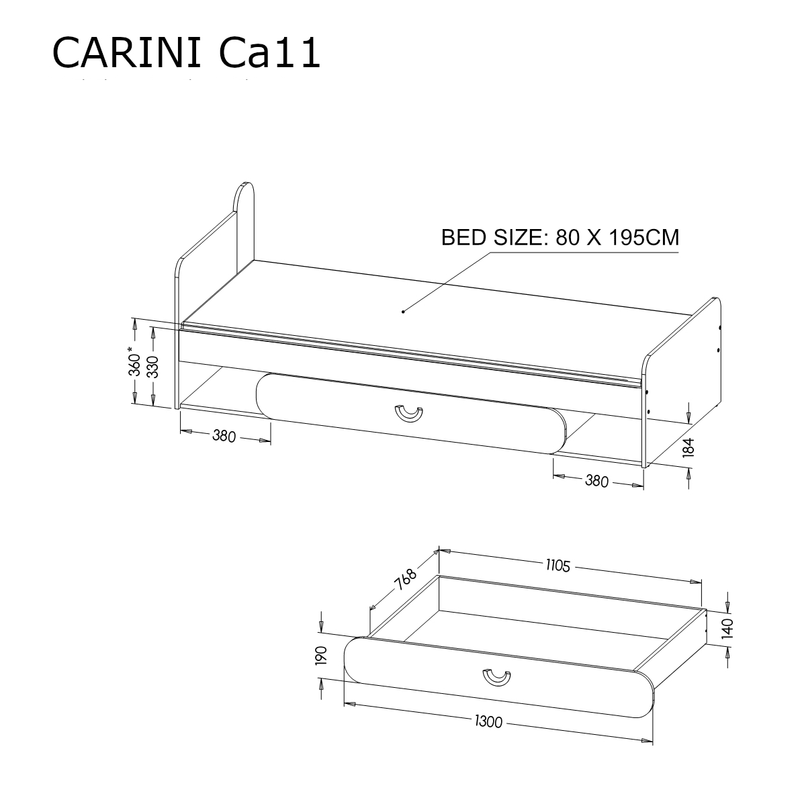 Carini CA11 Single Bed [Grey] - Dimensions Image 2