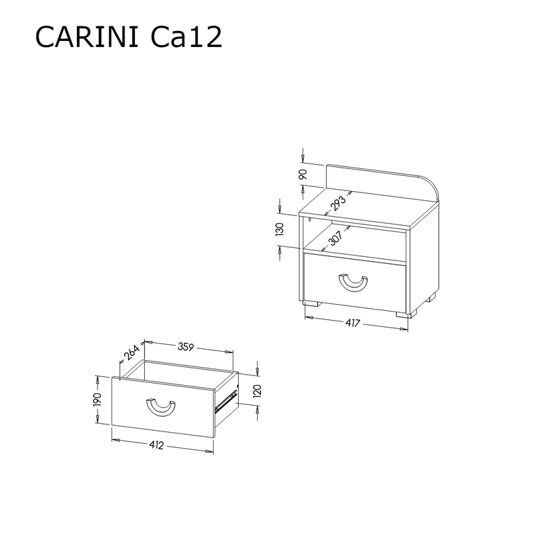 Carini CA12 Bedside Table 45cm - Dimensions Image