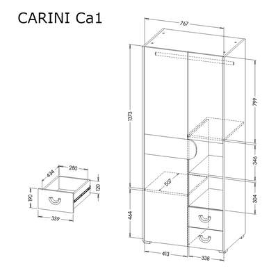 Carini CA1 Hinged Wardrobe 80cm [White] - Dimensions Image