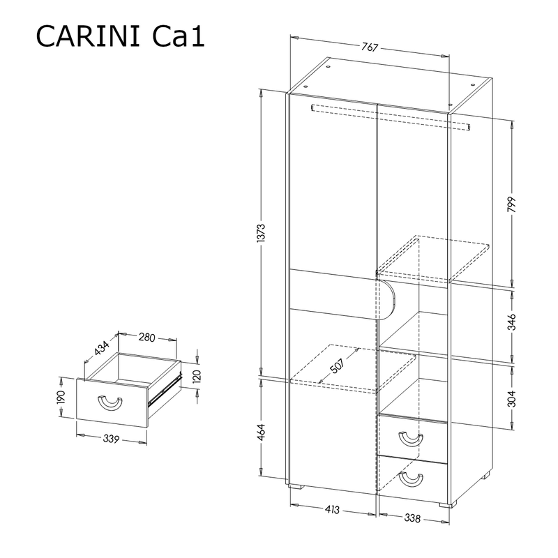 Carini CA1 Hinged Wardrobe 80cm [White] - Dimensions Image
