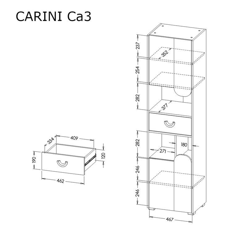 Carini CA3 Tall Cabinet 50cm - Dimensions Image