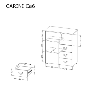 Carini CA6 Sideboard Cabinet 80cm [White] - Dimensions Image