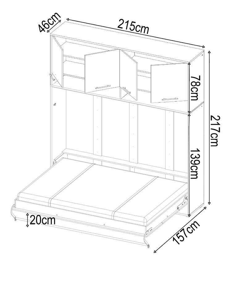 CP-05 Horizontal Wall Bed Concept Pro 120cm with Over Bed Unit - Product Dimensions