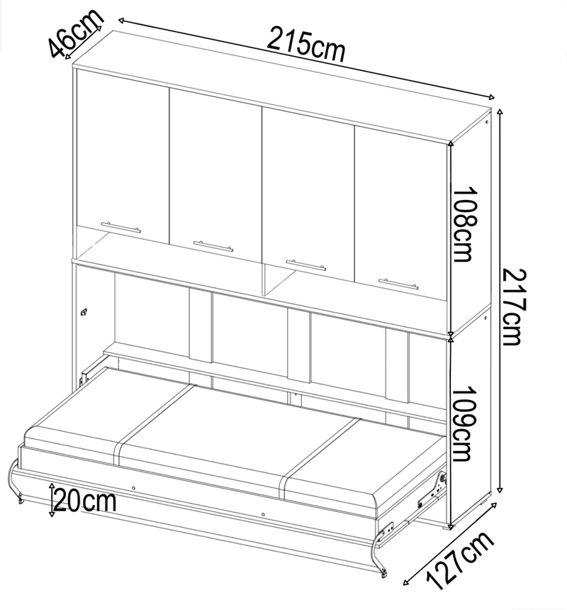 CP-06 Horizontal Wall Bed Concept Pro 90cm with Over Bed Unit - Product Dimensions