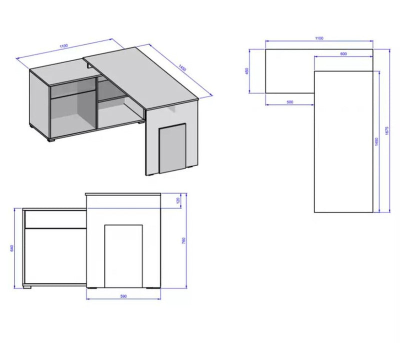 Como 60 Corner Desk 110cm [Graphite] - Dimensions Image