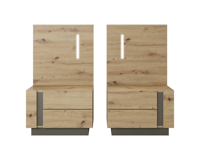 Arco Bedside Cabinets 60cm [Set Of Two] - Oak Artisan - Front Angle & LED Lighting