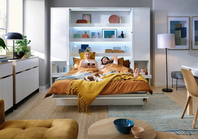 BC-13 Vertical Wall Bed Concept 180cm With Storage Cabinets and LED [White Gloss] - Lifestyle Image 2