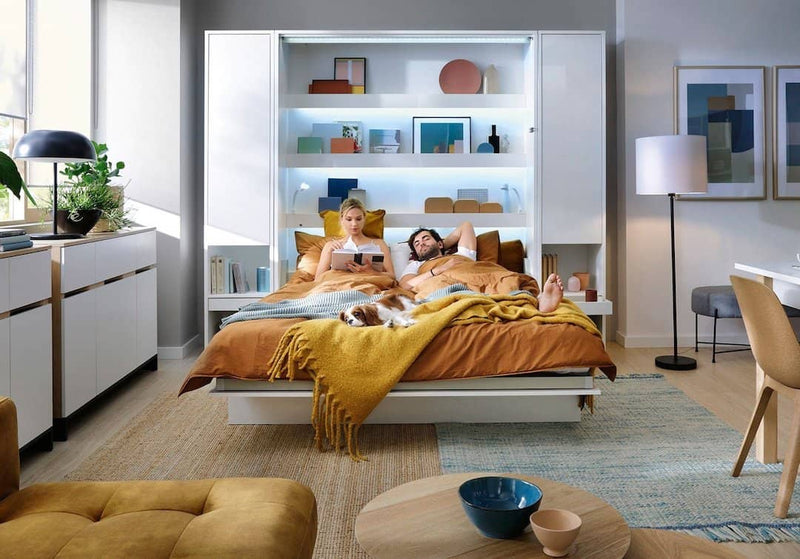 BC-02 Vertical Wall Bed Concept 120cm With Storage Cabinets and LED [White Gloss] - Lifestyle Image 2