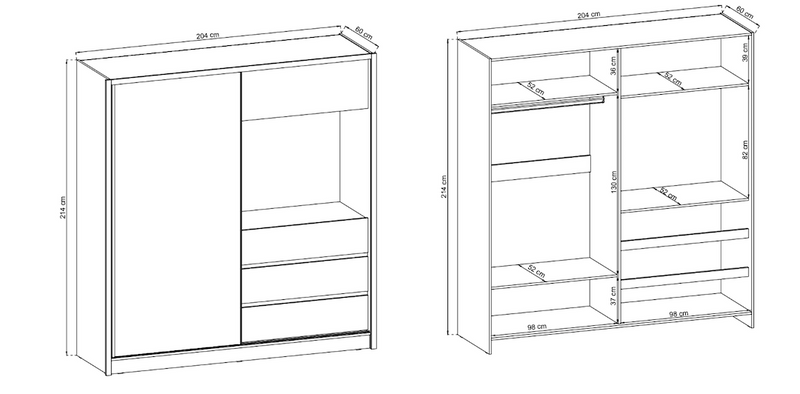 TV Sliding Door Wardrobe 204cm - Product Dimensions