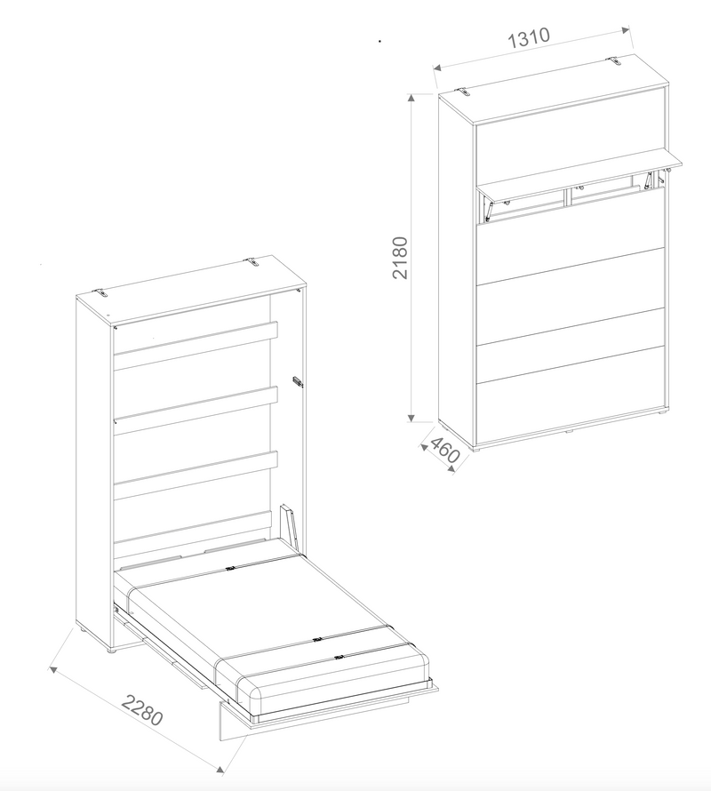 BC-02 Vertical Wall Bed Concept 120cm With Storage Cabinets and LED - Dimensions Image 