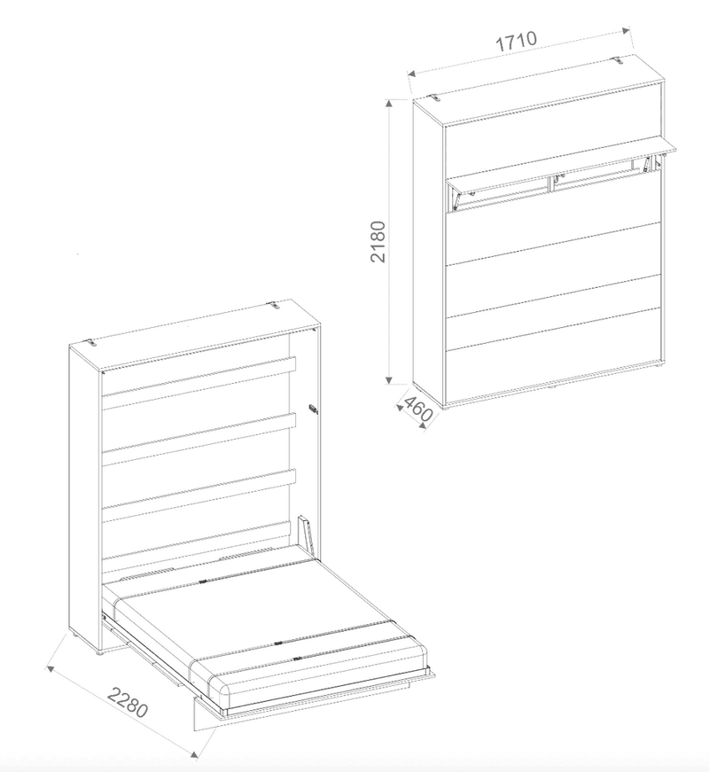BC-12 Vertical Wall Bed Concept 160cm With Storage Cabinets and LED - Dimensions Image