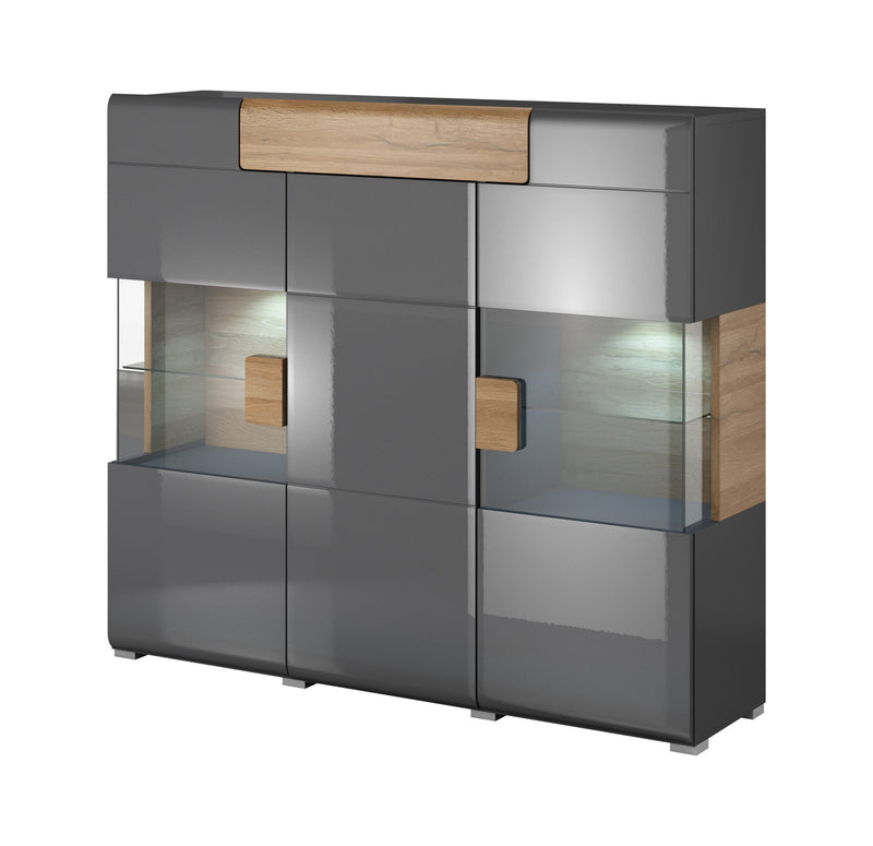 Toledo 46 Display Cabinet 147cm [Front Grey Gloss & San Remo Oak with Grey Matt Carcass] - White Background