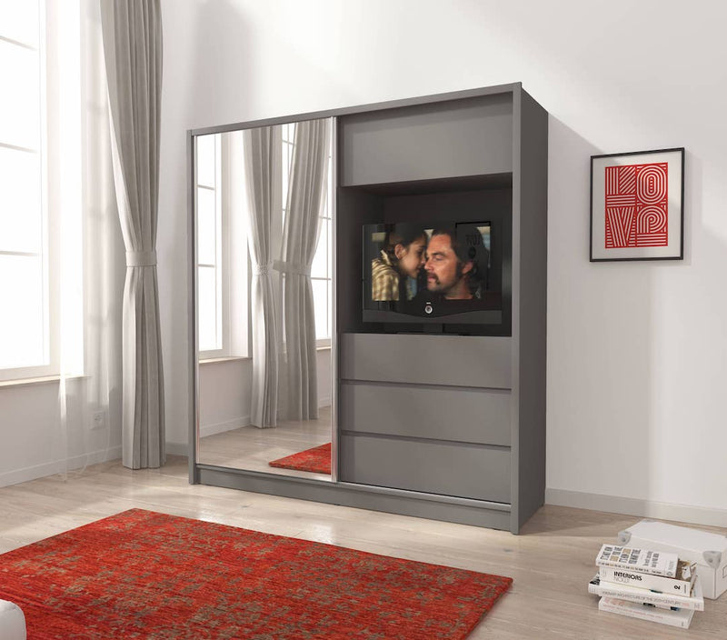 TV Sliding Door Wardrobe 204cm [Grey] - Lifestyle Image 
