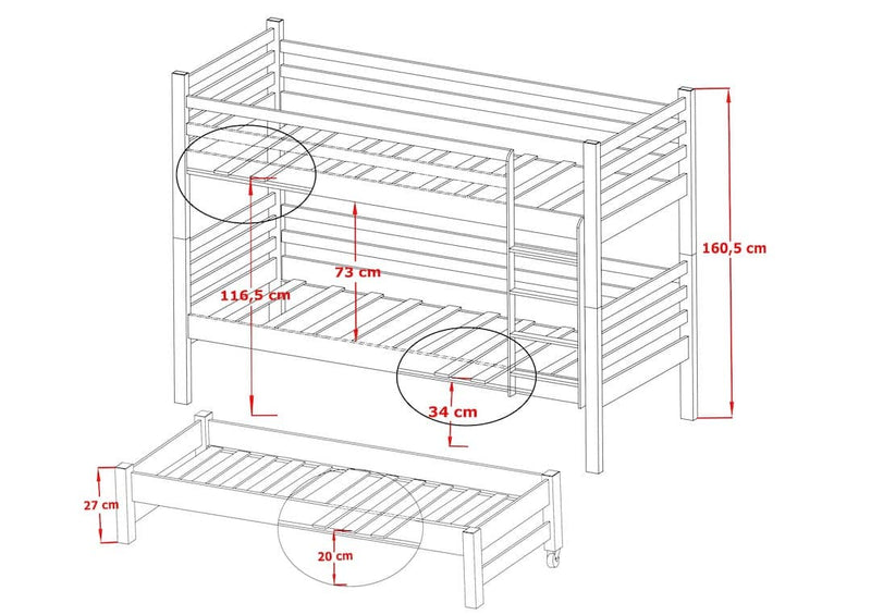Tomi Bunk Bed with Trundle and Storage - Dimensions