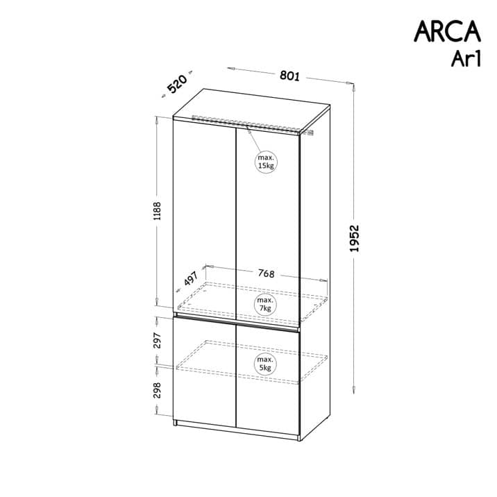 Arca AR1 Hinged Wardrobe 80cm - Product Dimensions