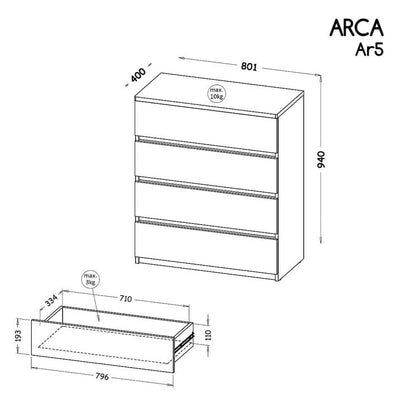 Arca AR5 Chest of Drawers 80cm - Product Dimensions