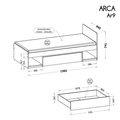 Arca AR9 Bed with Drawer - Product Dimensions