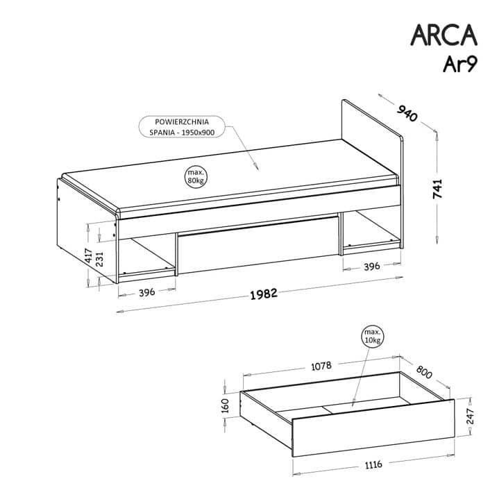 Arca AR9 Bed with Drawer - Product Dimensions