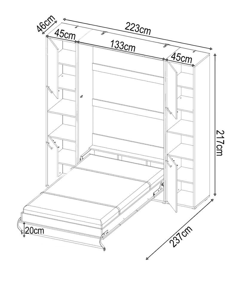 CP-02 Vertical Wall Bed Concept Pro 120cm with Storage Cabinet - Product Dimensions