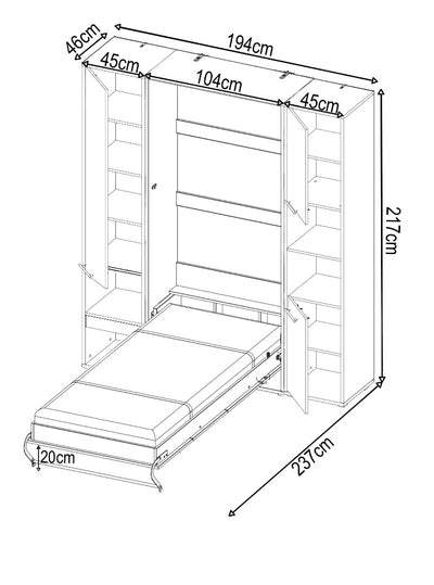 Product Dimension Diagram Of CP-03 Vertical Wall Bed Concept Pro 90cm with Storage Cabinet 