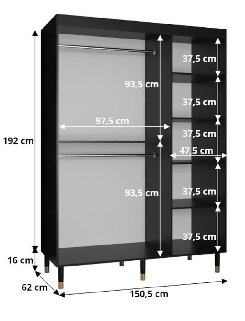 Tromso Sliding Door Wardrobe 150cm [Black] - Product Dimensions